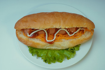 A delicious hot dog with a Korean carrot and spices on a salad leaf. Fast food