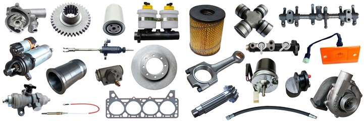 Lot of new auto spare parts. Set with many isolated items for shop or aftermarket.