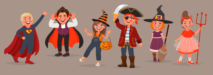 Kids dressed in Halloween costumes. Trick or treat. Boys and girls celebrate the holiday. Element for design