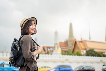 Young Asian travel woman is enjoying with beautiful place in Bangkok, Thailand