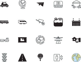 transport vector icon set such as: wait, innovation, engineering, wheel, airport, tool, communication, automobile, runway, postal, manufacture, order, fast, process, stripe, wheelbarrow, strip