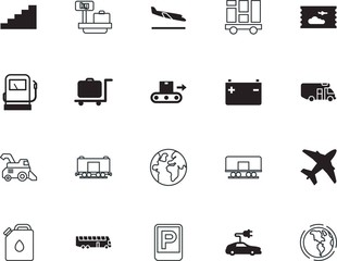 transport vector icon set such as: customs, aeroplane, harvester, usa, lot, trade, contour, charge, maritime, conveyor, knowledge, safety, side, bus, can, scale, chain, rural, pass, down, petroleum