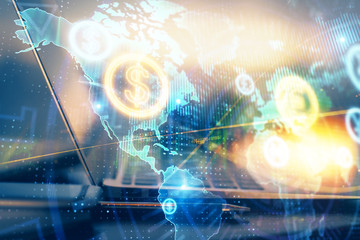 Forex graph hologram on table with computer background. Multi exposure. Concept of financial markets.