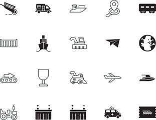 transport vector icon set such as: railroad, wheelbarrow, hospital, website, geography, sky, machine, merchandise, agronomy, trucking, camper, stack, ticket, safety, empty, map, cardboard, tool