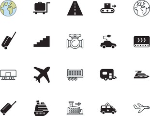 transport vector icon set such as: caravan, carriage, healthcare, port, electro, nature, race, connection, escalator, railway, airliner, electricity, power, gas, airline, pipeline, piping, briefcase