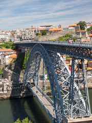 Portugal, may 2019: Porto view of Dom Luis Bridge at sunset. Porto. Cityscape of Porto downtown touristic Ribeira