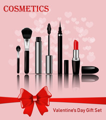 Sets of cosmetics on the background of hearts for Valentine's Day