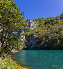 Beautiful and turquoise river Una in canyon on the Croatian and Bosnia and Herzegovina border....