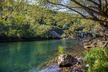 Beautiful and turquoise river Una in canyon on the Croatian and Bosnia and Herzegovina border....