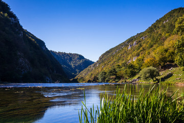Beautiful and turquoise river Una in canyon on the Croatian and Bosnia and Herzegovina border....