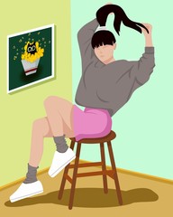 Girls with hairtail on chair. Picture and green background. pink skirt and gray sweatshirt. Young woman in shoes. picture with cat and bees. green background.