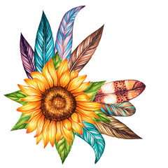 Set of bird feathers and sunflower isolated on white. Watercolor and marker art. Perfect for wedding invitations, cards, tickets, congratulations, branding, logo label, emblem. © Lida