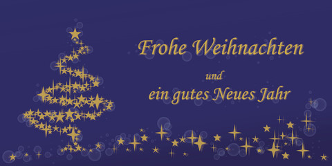 Karte mit Weihnachtsbaum und Sternenschweif im Nachthimmel mit Text Frohe Weihnachten und ein gutes Neues Jahr auf Deutsch