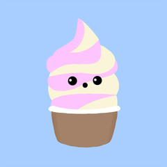 Vector illustration of an isolated ice cream with a funny face scooped into a small brown pot.