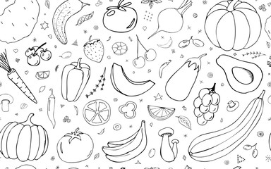 Vector  background with vegetables, fruits and berries. Useful for packaging, menu design and interior decoration. Hand drawn doodles. Seamless pattern vegetarian elements on a white background.