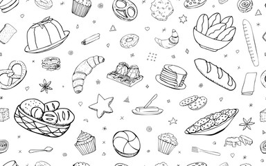 Vector background with bread, pastries and goodies. Useful for packaging, menu design and interior decoration of the bakery. Hand drawn doodles. Seamless pattern Baking elements on a white background.