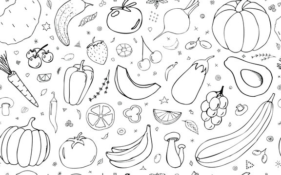 Vector  background with vegetables, fruits and berries. Useful for packaging, menu design and interior decoration. Hand drawn doodles. Seamless pattern vegetarian elements on a white background.