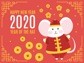 Template banner, poster, flyer image for chinese Happy new year party with rat, mice. Lunar horoscope sign mouse. Funny sketch mouse. Happy new year 2020. Vector illustration