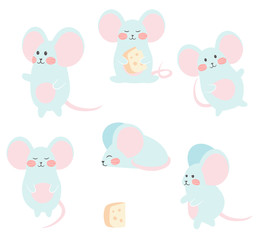 Set of funny mouse with cheese for design. Cute little mice in different poses. Vector illustration
