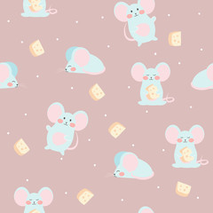 Mouse and cheese. Seamless vector pattern. Cute background for baby, kids, children