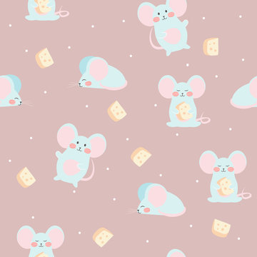 Mouse and cheese. Seamless vector pattern. Cute background for baby, kids, children © bbgreg