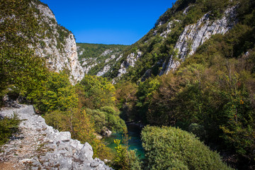 Beautiful and turquoise river Unac in village Martin Brod in Bosnia and Herzegovina