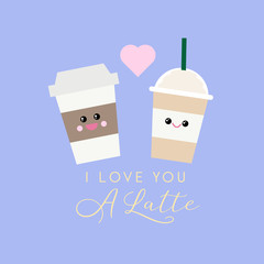 Vector I love you a latte quote featuring coffee cups with modern calligraphy. Great for kitchen decor, cards, notebook cover