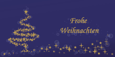 Naklejka premium Karte mit mit Text Frohe Weihnachten auf Deutsch mit Weihnachtsbaum und Sternenschweif im Nachthimmel 