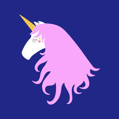 Vector illustration of an isolated unicorn head with a pink mane on a purple background. Great for logo designs and greeting cards.
