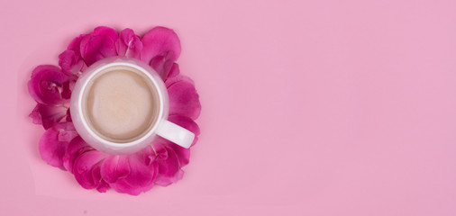 Cup of coffee in rose petals on a pink background, Flatley, mock up