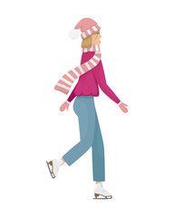 A Girl in winter clothes and hat skating on the ice. Winter entertainment. Flat vector illustration.