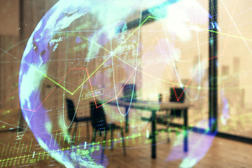 Forex chart hologram with map and minimalistic cabinet interior background. Double exposure. International business concept.