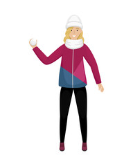 Fototapeta na wymiar A girl in winter clothes and a hat throws a snowball. Winter entertainment. Flat vector illustration.