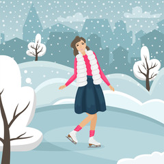Girl skates in winter. Winter entertainment. Flat vector illustration.