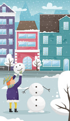 Red-haired child in winter clothes sculpts a snowman. Winter entertainment. Winter cityscape with the European houses and the snow. Flat vector illustration.