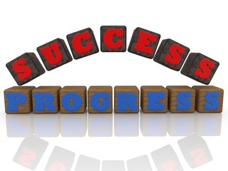 Success progress concept on old metal and woods cubes in white background