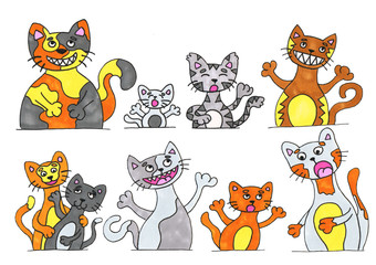 Funny cats illustration set. Marker art for cards, kids art for party.