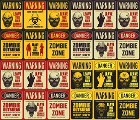 Fotobehang Zombie attention beware and caution sign set. Corpse danger emblem. Vector illustration. © RLRRLRLL