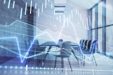 Multi exposure of stock market graph on conference room background. Concept of financial analysis