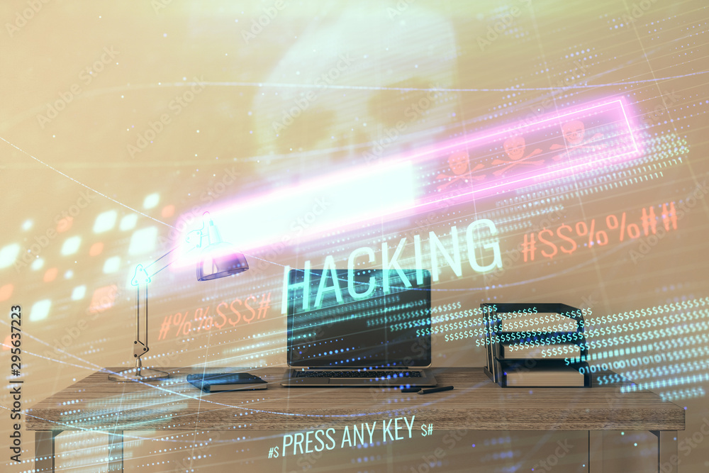 Poster hacking theme hologram with desktop office background. double exposure.