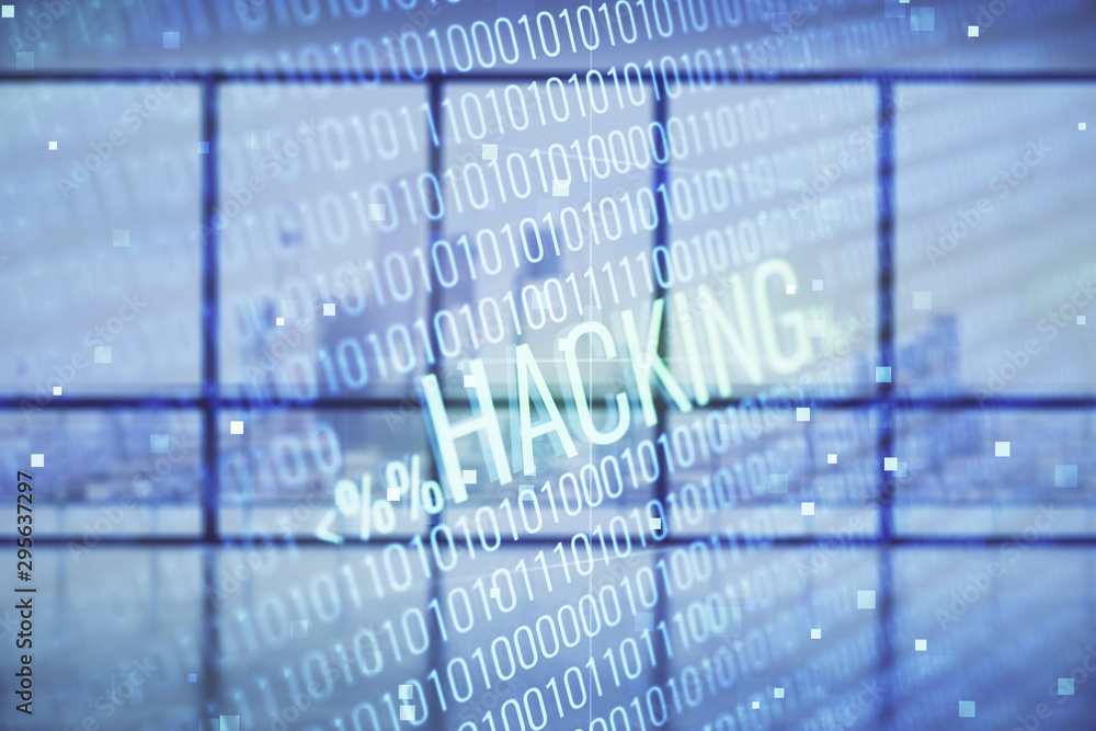 Poster double exposure of hacking theme drawings hologram on empty room interior background. data security 
