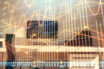 Stock market chart and desktop office computer background. Multi exposure. Concept of financial analysis.