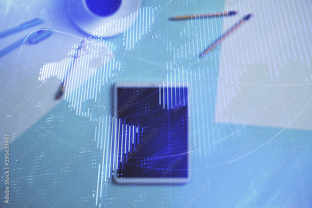 Poster double exposure of world map drawing on digital tablet laying on table background. concept of intern