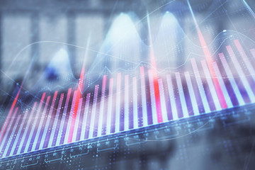 Stock and bond market graph with trading desk bank office interior on background. Multi exposure. Concept of financial analysis