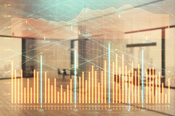 Stock and bond market graph with trading desk bank office interior on background. Multi exposure. Concept of financial analysis
