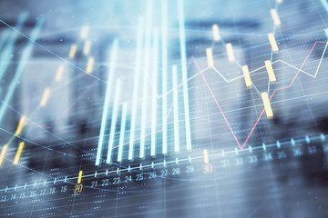 Stock market chart with trading desk bank office interior on background. Double exposure. Concept of financial analysis