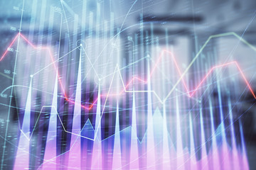 Stock market chart with trading desk bank office interior on background. Double exposure. Concept of financial analysis
