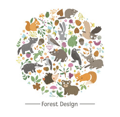 Vector round frame with animals and forest elements on black background. Natural themed banner framed in circle. Cute funny woodland card template..