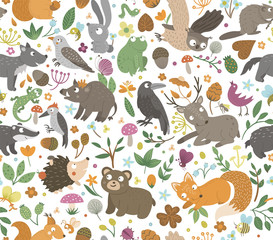 Vector seamless pattern with hand drawn flat funny animals. Cute repeat background with forest creatures. Sweet woodland ornament for children’s design, print. .
