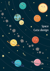 Vector solar system card for children. Bright and cute flat illustration of smiling earth, sun, moon,  Venus,  mars,  Jupiter,  mercury,  Saturn,  Neptune on dark blue background.. © Lexi Claus